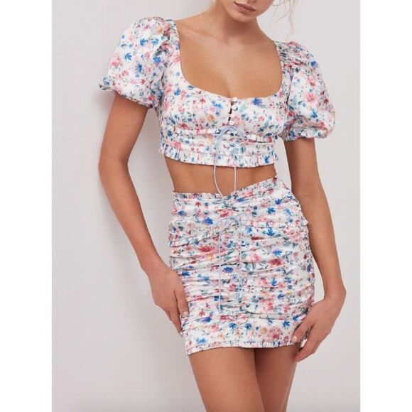NWT For Love and Lemons white blue pink floral Juliet skirt crop top set M/L - Picture 1 of 10